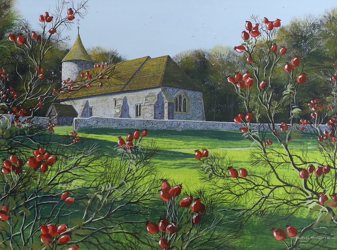 Paul Evans (1950-), gouache, 'Southease Church', signed, 23 x 31cm
